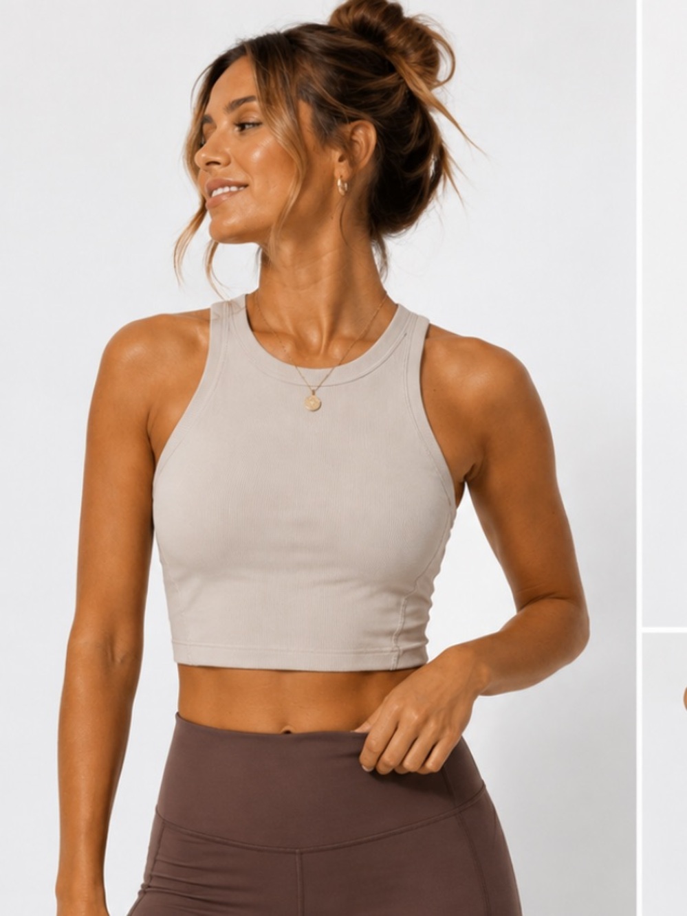 Move Theology Ribbed Built-In Bra Tank Top Beige Size M Athletic Yoga
